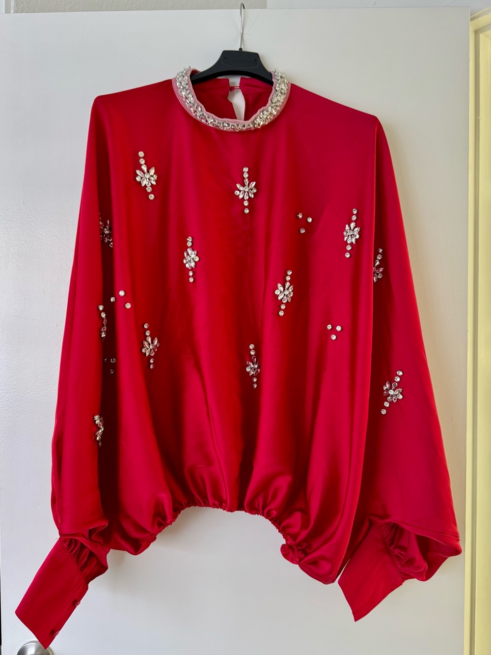 Beulah Red Jeweled Collar Embellished Balloon-Sleeve Top